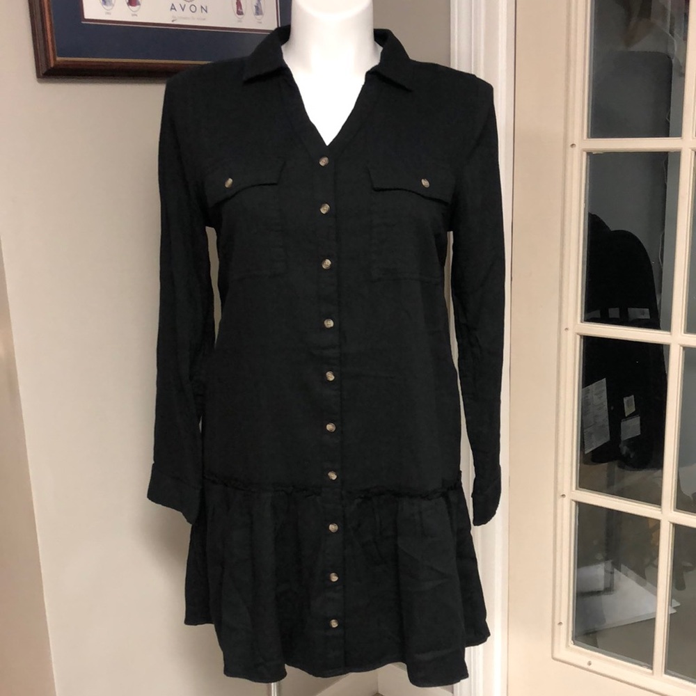 SO black long sleeve ruffle bottom utility dress L 14